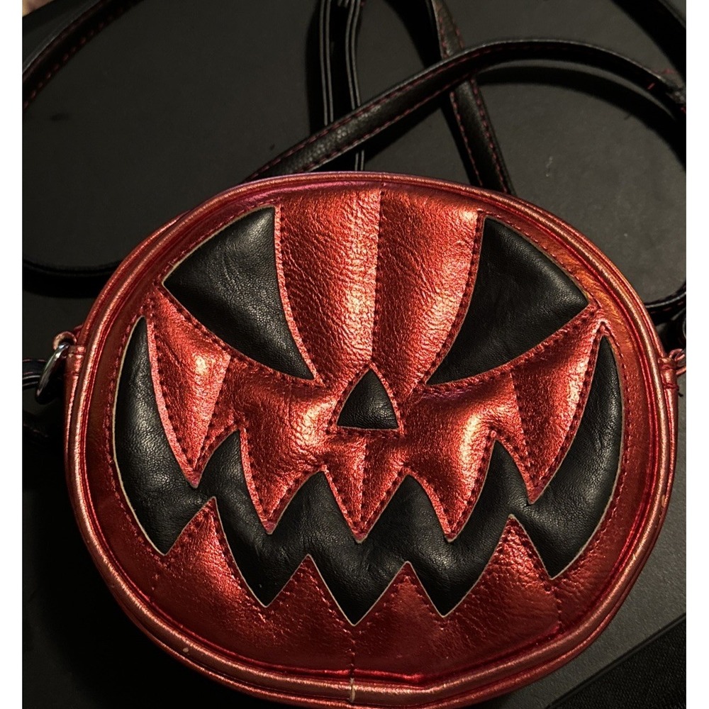 Pumpkin Kult Love Pain & Stitches Jack O Lantern Crossbody Purse Metallic Flaw